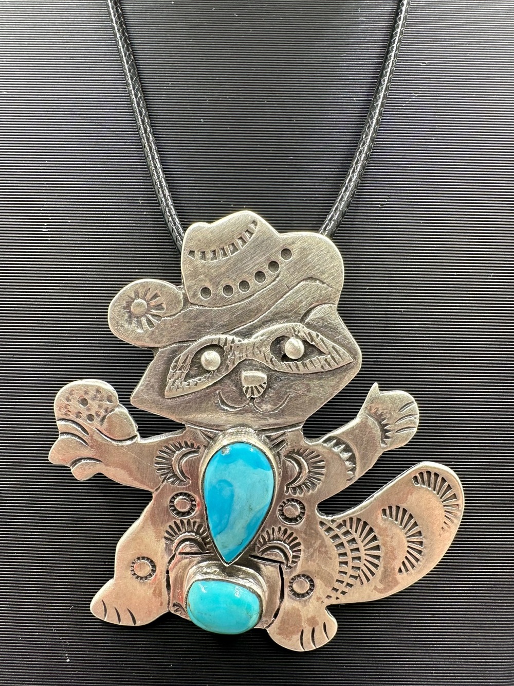 🦝 Bluebird Turquoise Sterling Silver 925 Raccoon Shepherd Hook Western Pendant